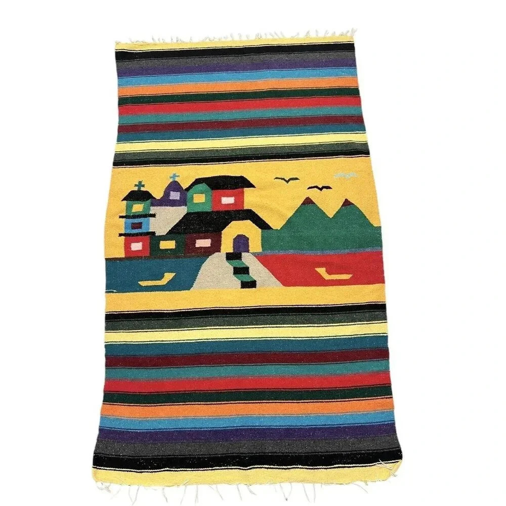 VTG Southwest Tapestry Woven Blanket Church Town Birds Pueblo Mexico Color Block